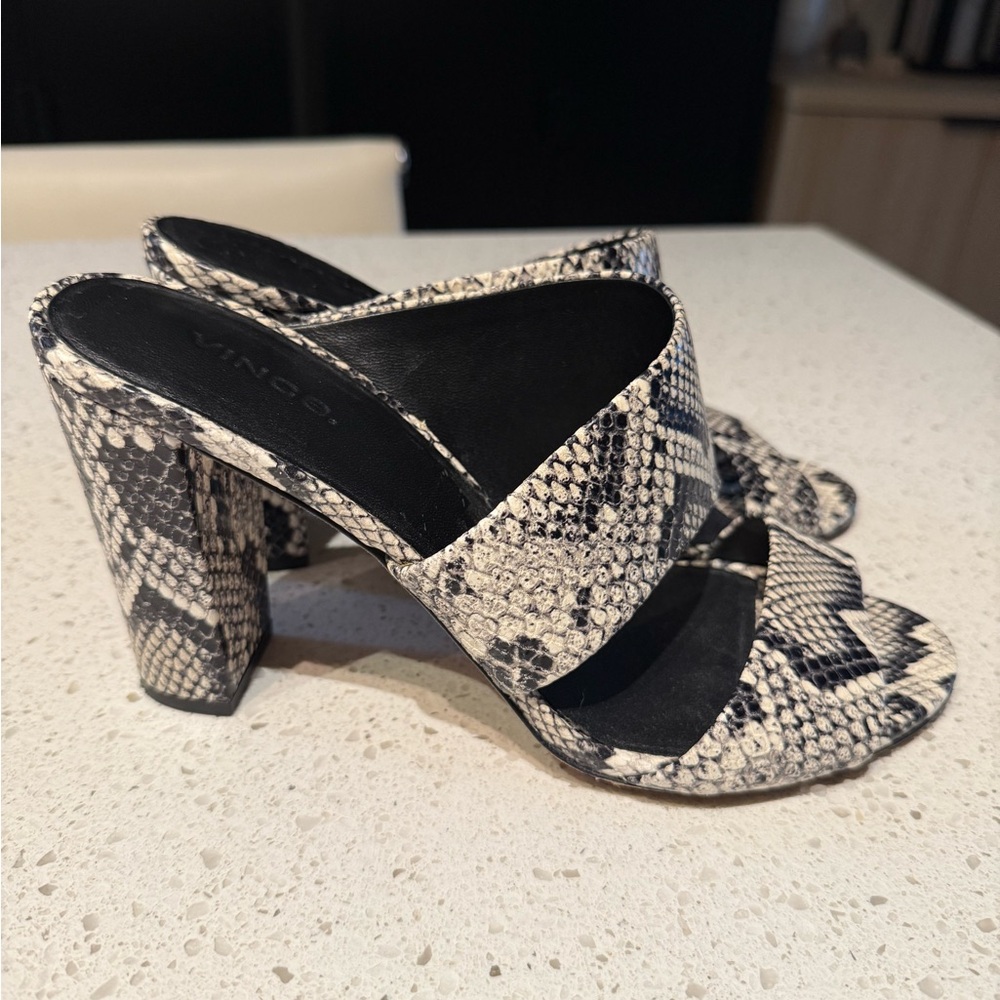 Vince Black and Cream Snake Skin Print Block Heels - Size 9.5 Women’s